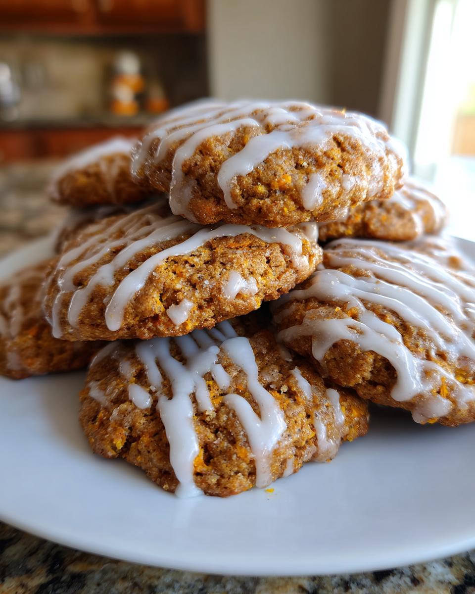 A stack of freshly baked persimmon cookies drizzled with white icing, resting on a white plate.