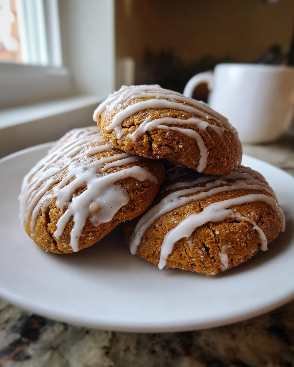 A stack of three soft, orange-brown persimmon cookies drizzled with white icing, sitting on a white plate.