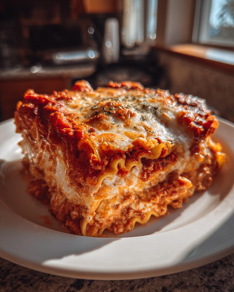 A thick, square slice of rich instant pot lasagna with layers of pasta, meat sauce, and melted cheese topping.