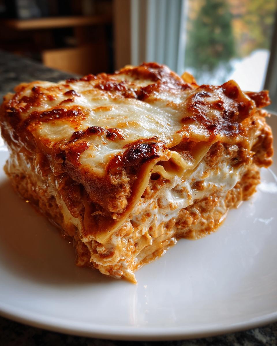 A thick, layered slice of rich instant pot lasagna with browned, melted mozzarella cheese on top, served on a white plate.
