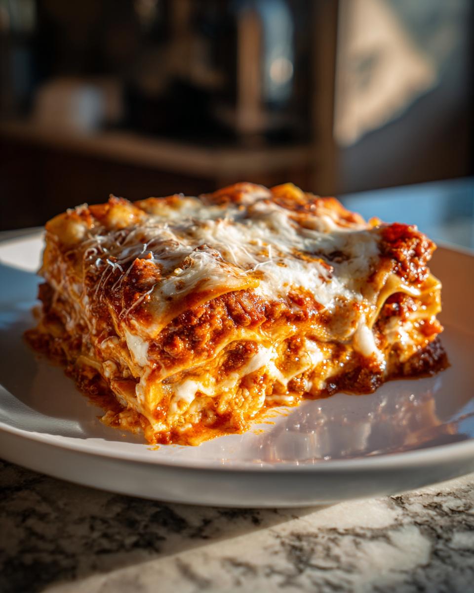 A thick, layered slice of rich instant pot lasagna topped with melted mozzarella cheese, served on a white plate.