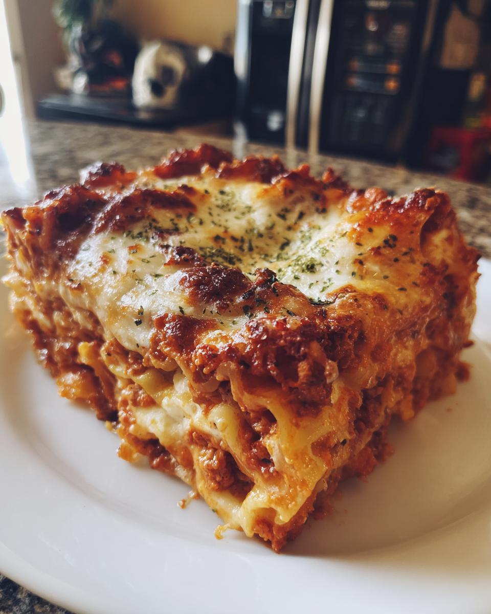 A thick, cheesy slice of instant pot lasagna served on a white plate, showing layers of pasta and meat sauce.