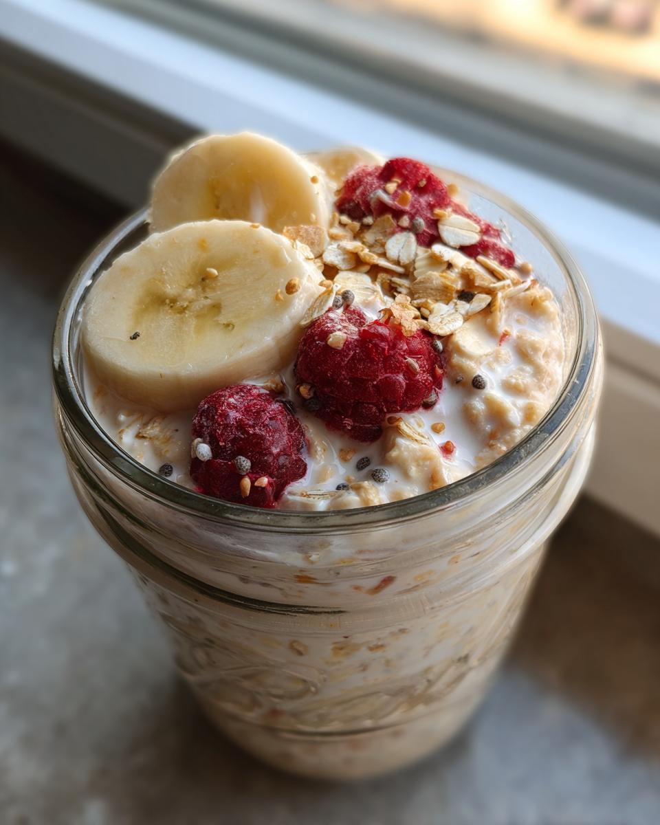 Close-up of overnight oats in a mason jar topped with sliced bananas, raspberries, and granola.