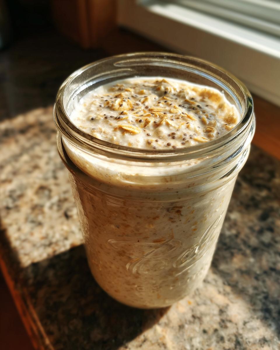 A glass jar filled with creamy overnight oats, topped with rolled oats and chia seeds, sitting on a granite counter.