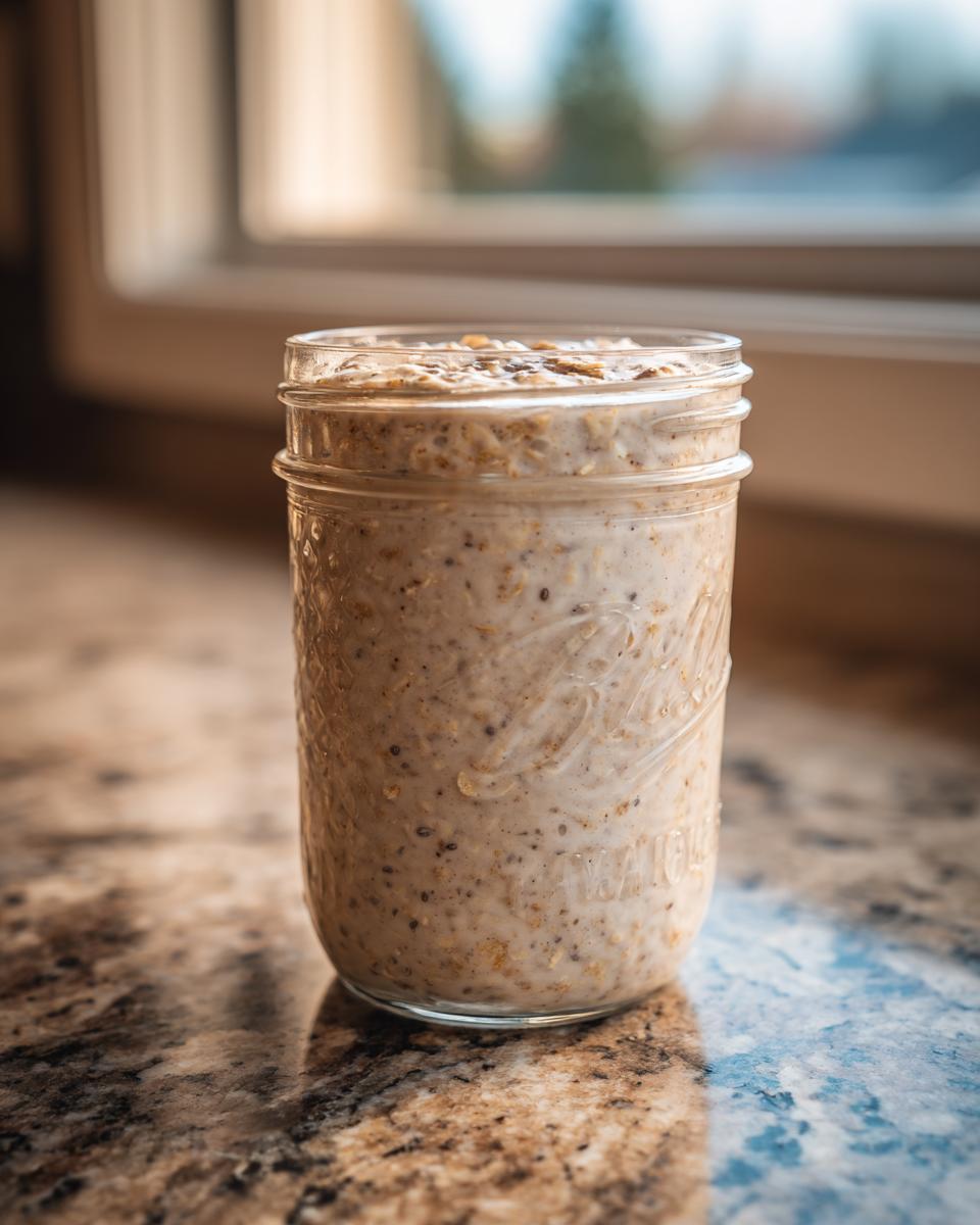 A glass mason jar filled with creamy overnight oats, sitting on a granite countertop near a window.