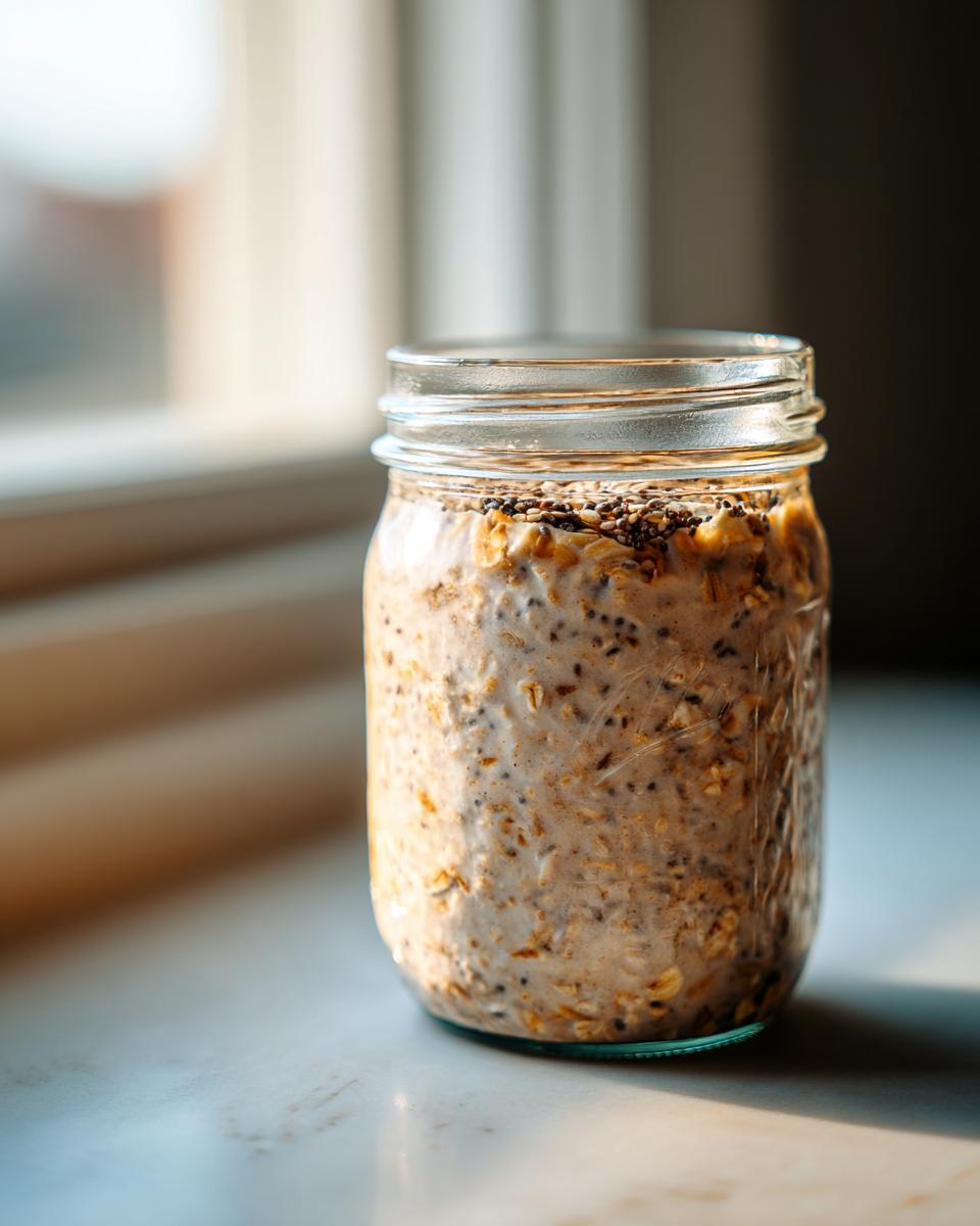 A glass jar filled with creamy overnight oats mixed with chia seeds, sitting on a white surface near a window.