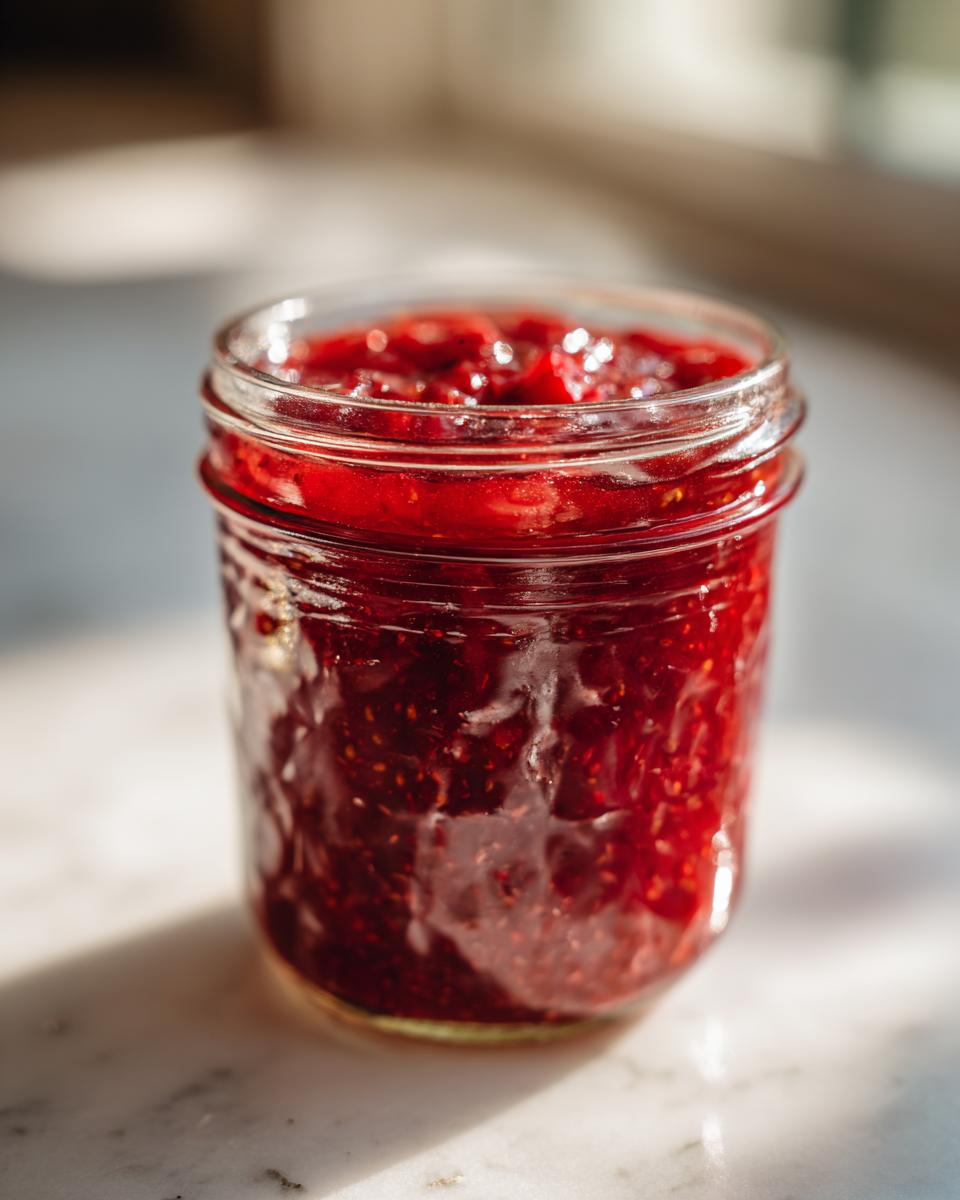 Close-up of a glass jar filled with bright red, chunky freezer jam, sitting on a sunlit marble surface.