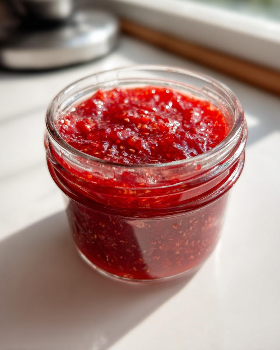Close-up of a small glass jar filled with bright red, seedy freezer jam sitting on a white surface.
