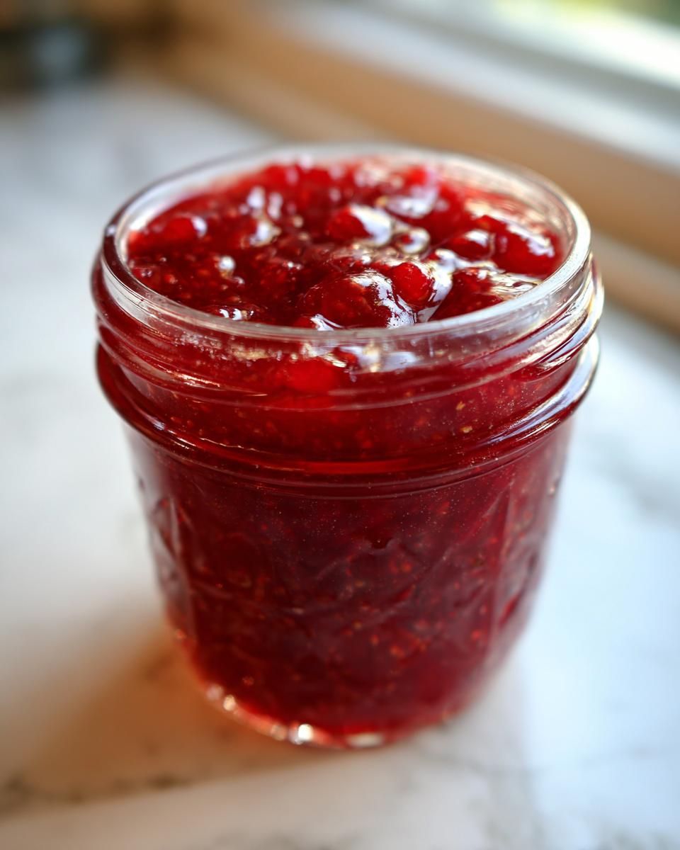 Close-up of a glass jar filled with bright red, chunky freezer jam, likely strawberry or raspberry.