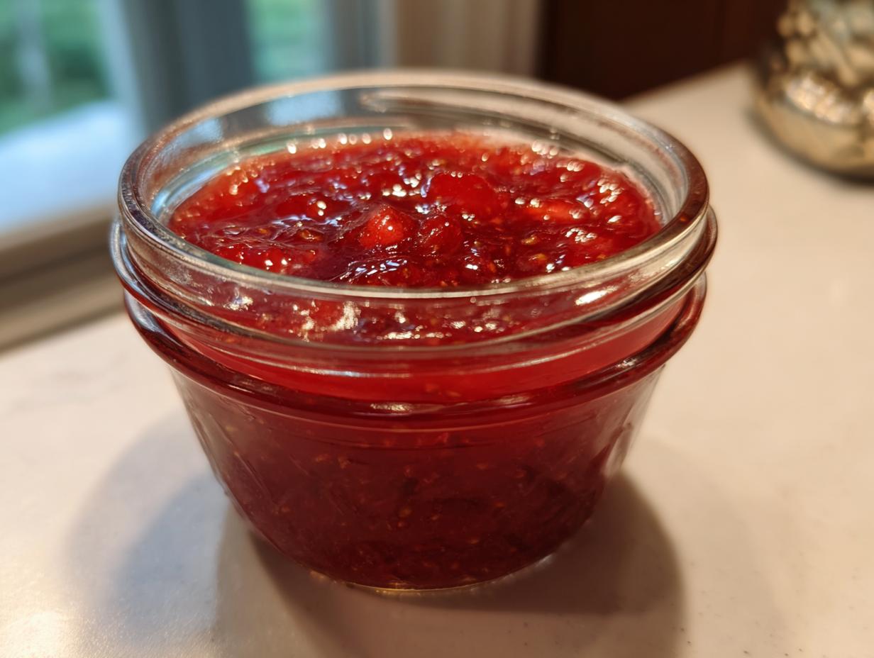 Close-up of a small glass jar filled with bright red, textured freezer jam.
