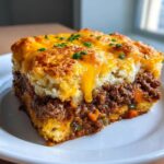A thick square slice of savory John Wayne Casserole featuring a ground beef layer topped with biscuit and melted cheddar cheese.