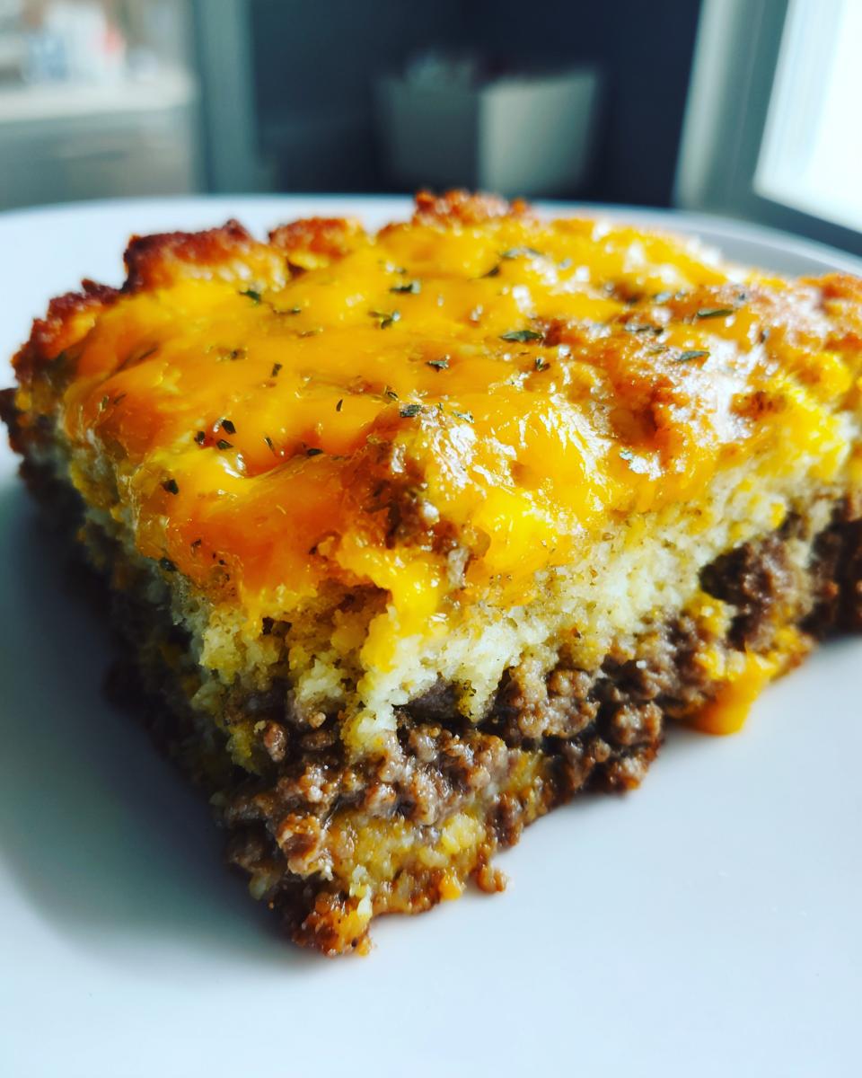 Close-up of a hearty slice of John Wayne Casserole featuring layers of ground beef and a cheesy topping.
