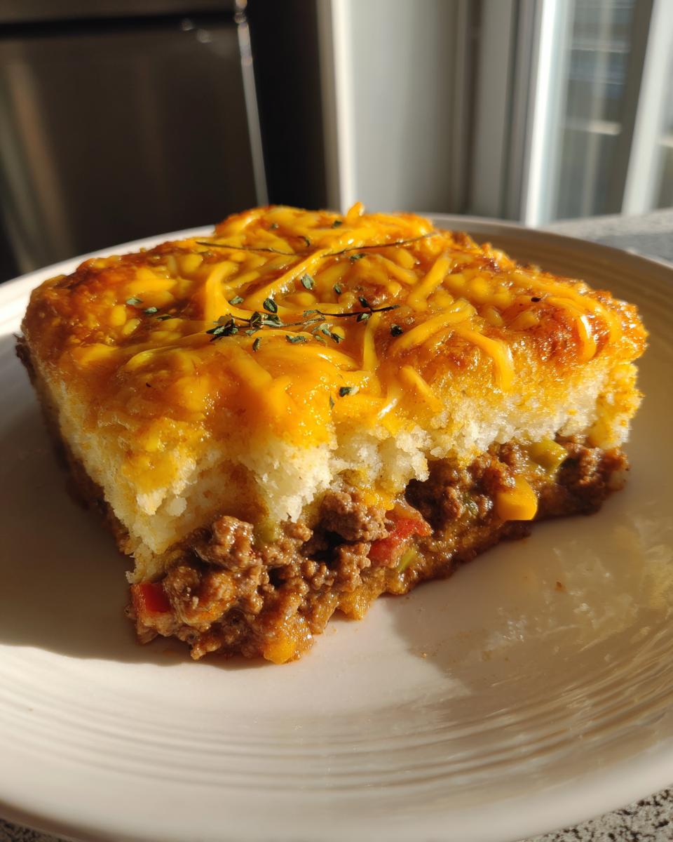 A hearty slice of John Wayne Casserole showing a ground beef filling topped with a biscuit layer and melted cheddar cheese.
