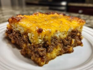 A close-up serving of John Wayne Casserole showing layers of seasoned ground beef and biscuit topping covered in melted cheddar cheese.