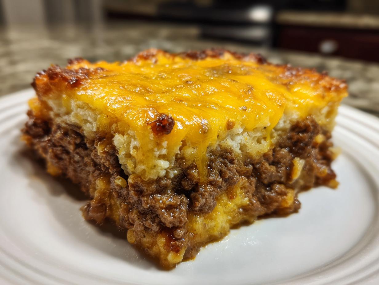 A close-up serving of John Wayne Casserole showing layers of seasoned ground beef and biscuit topping covered in melted cheddar cheese.