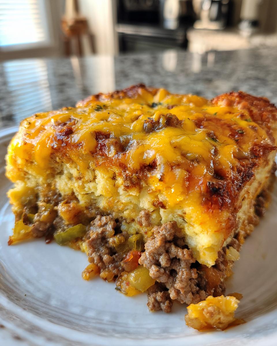 Close-up of a hearty slice of John Wayne Casserole featuring a biscuit-like topping, seasoned ground beef, and melted cheddar cheese.