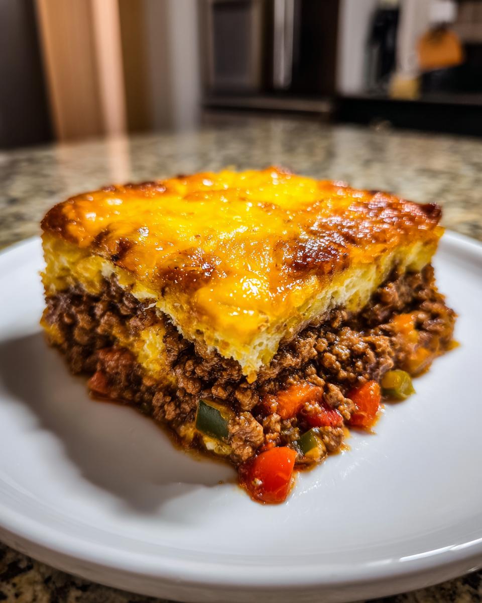 A thick slice of John Wayne Casserole featuring a seasoned ground beef layer and a golden, cheesy biscuit topping.
