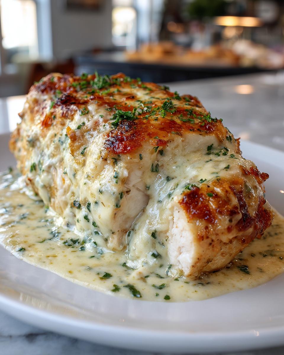 A close-up of a perfectly cooked baked ranch chicken breast covered in melted cheese sauce and fresh parsley.