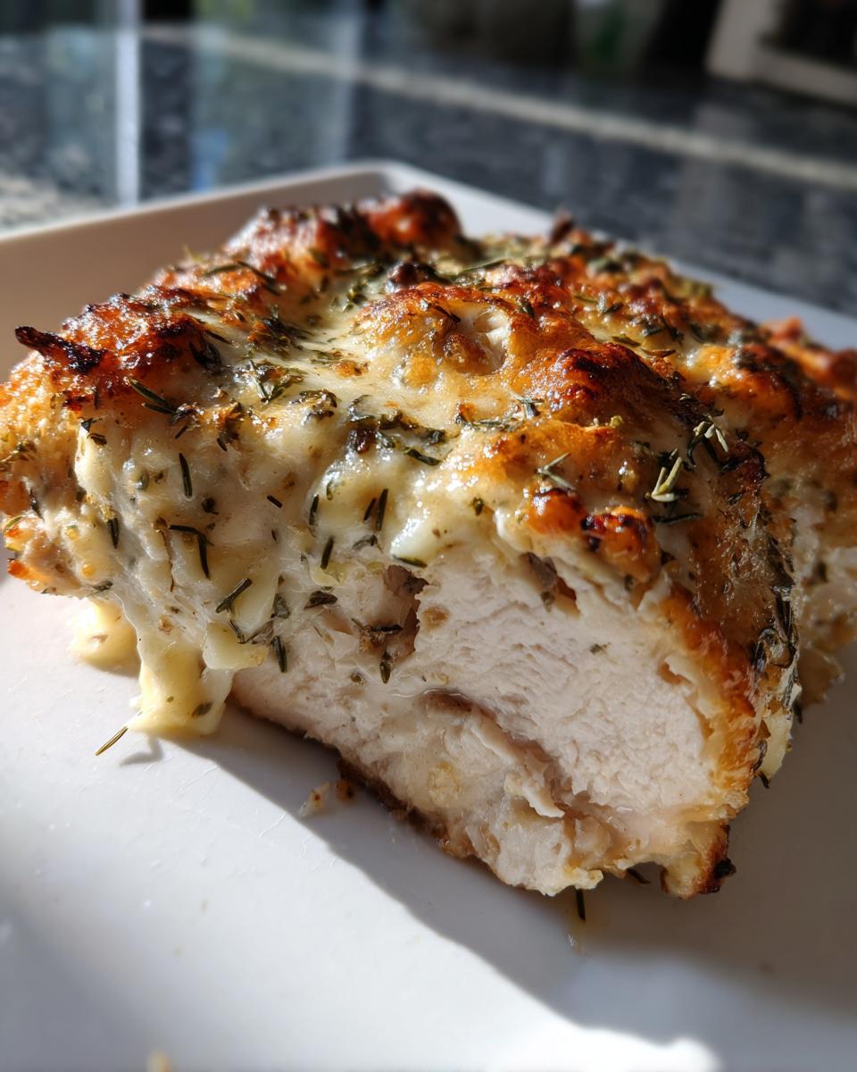 Close-up of a slice of baked ranch chicken showing juicy white meat topped with melted, browned cheese and herbs.