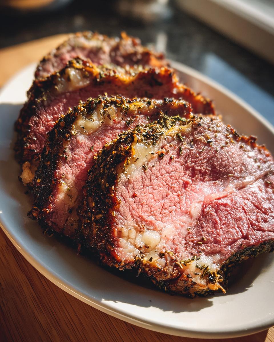 Close-up of perfectly cooked, medium-rare prime rib recipe slices with a dark herb crust.