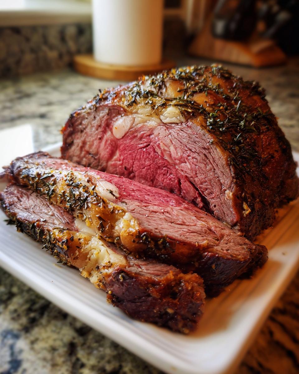 Close-up of a perfectly cooked prime rib recipe roast, sliced to show a medium-rare pink center and herb crust.