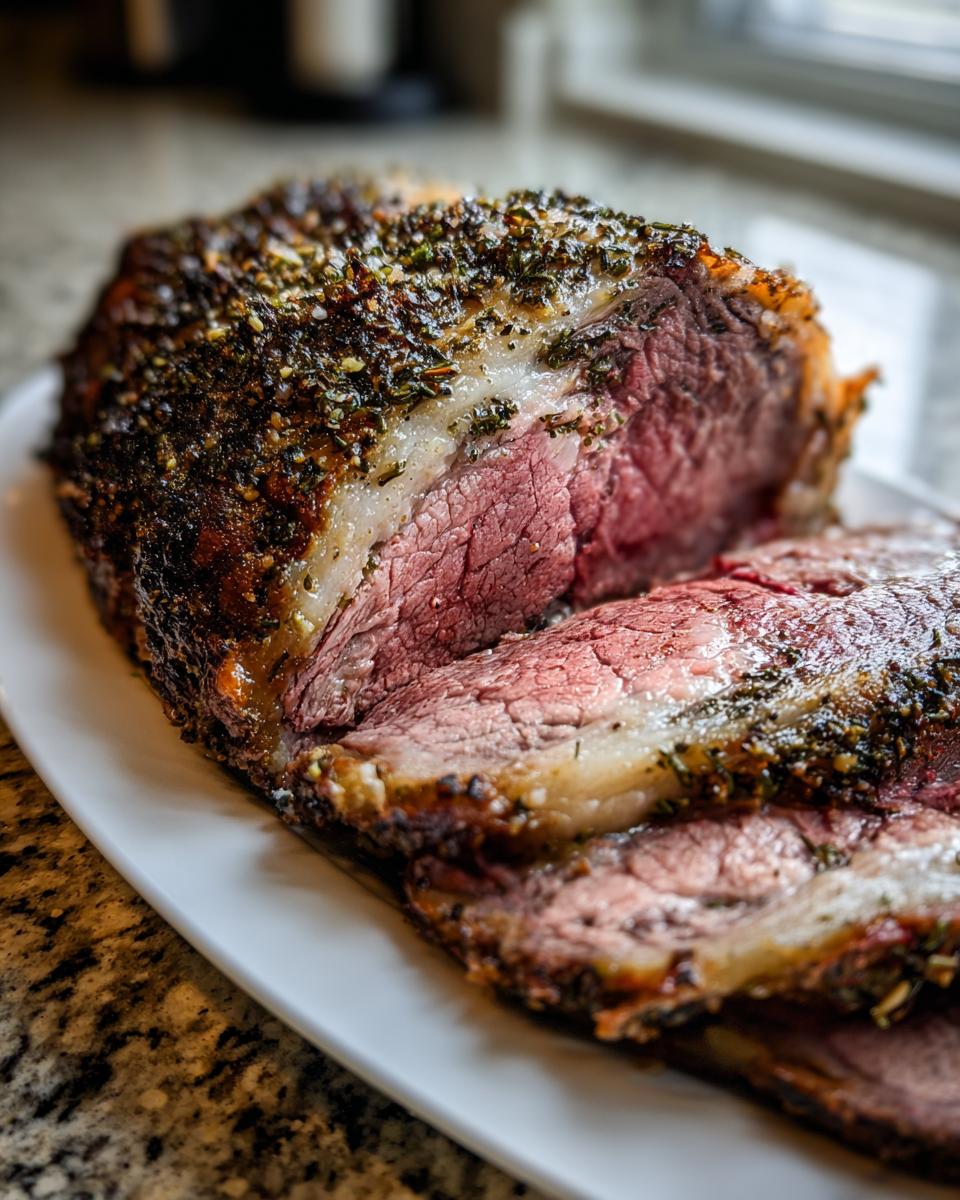 Close-up of a juicy, medium-rare prime rib recipe roast sliced on a white platter with a dark herb crust.