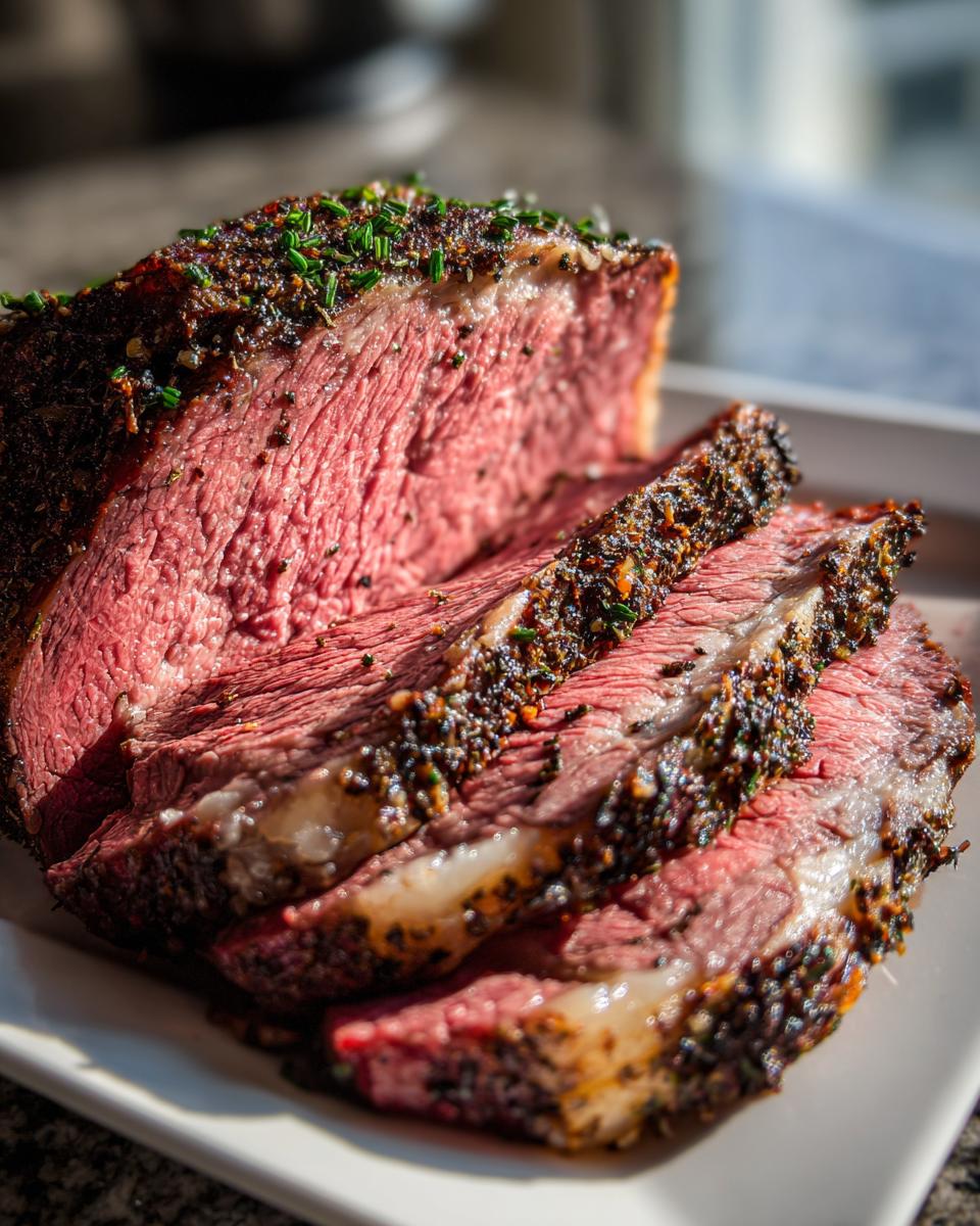 Close-up of a juicy, medium-rare prime rib recipe roast, sliced and covered in a dark herb crust.