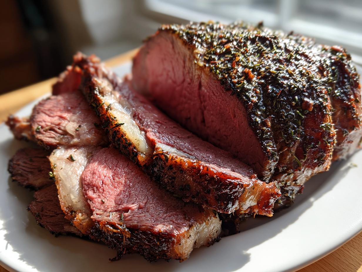 Close-up of perfectly cooked, medium-rare prime rib recipe, sliced and showing a dark herb crust.