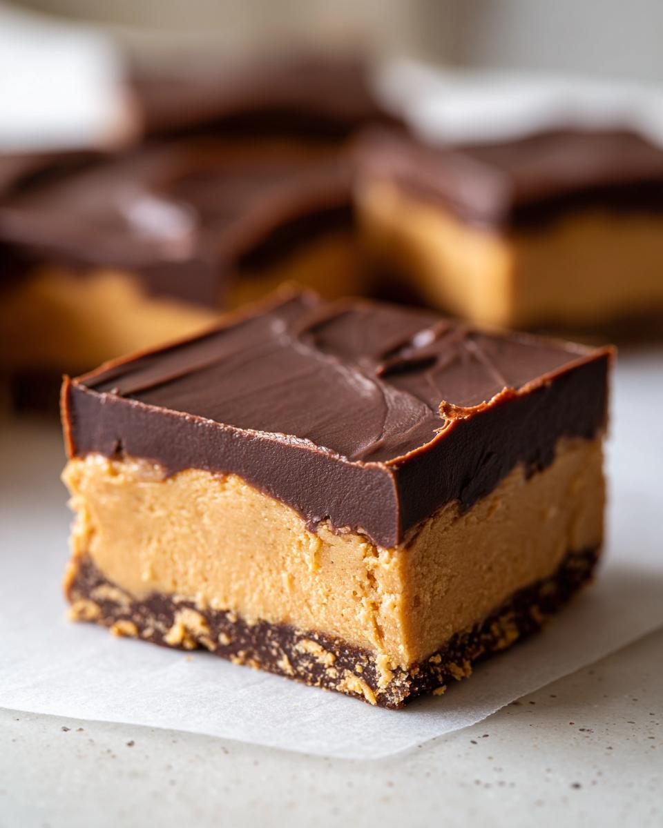 A thick, square piece of buckeye fudge showing three distinct layers: a dark chocolate crust, a creamy peanut butter filling, and a rich chocolate topping.