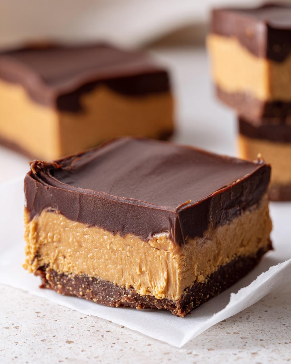 A close-up of a thick, layered buckeye fudge square with a chocolate top and peanut butter center on parchment paper.