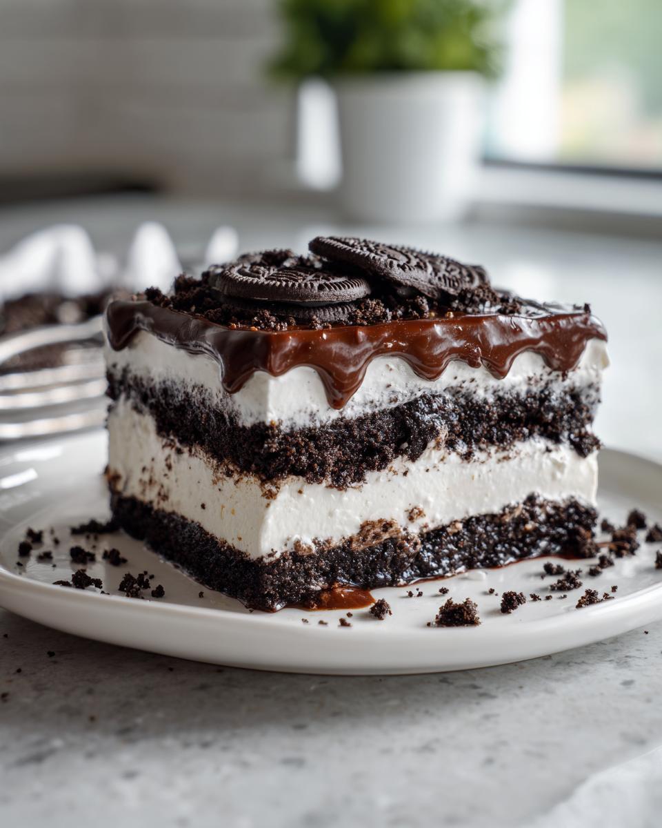 A close-up of a layered slice of dirt cake featuring chocolate cookie crumbs and white cream filling, topped with chocolate sauce and whole cookies.