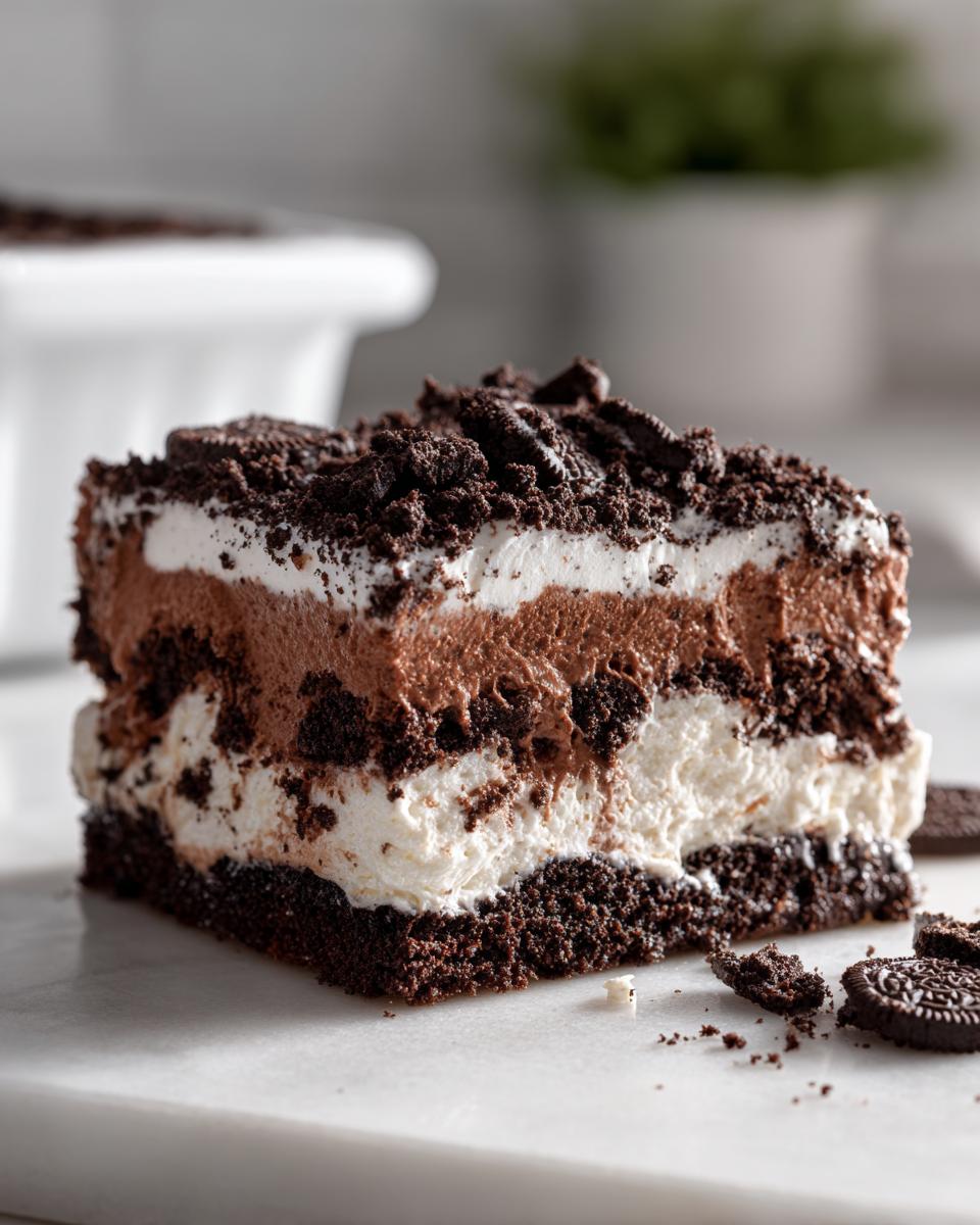 Close-up of a layered slice of dirt cake showing chocolate, cream, and cookie crumb layers, topped with crushed Oreos.