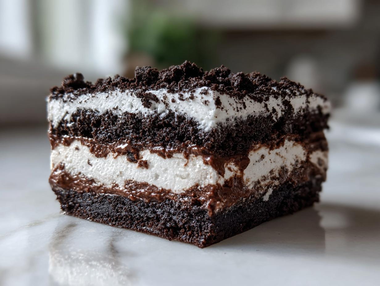 Close-up of a layered slice of dirt cake showing dark chocolate cake, white cream filling, and crushed cookie topping.