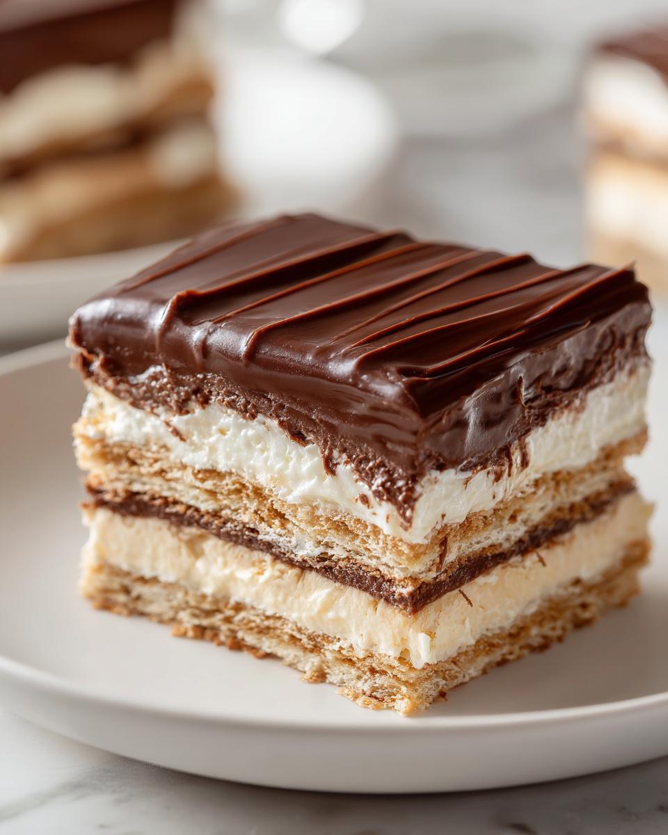A close-up of a layered eclair cake slice featuring graham crackers, vanilla cream, and a rich chocolate glaze topping.