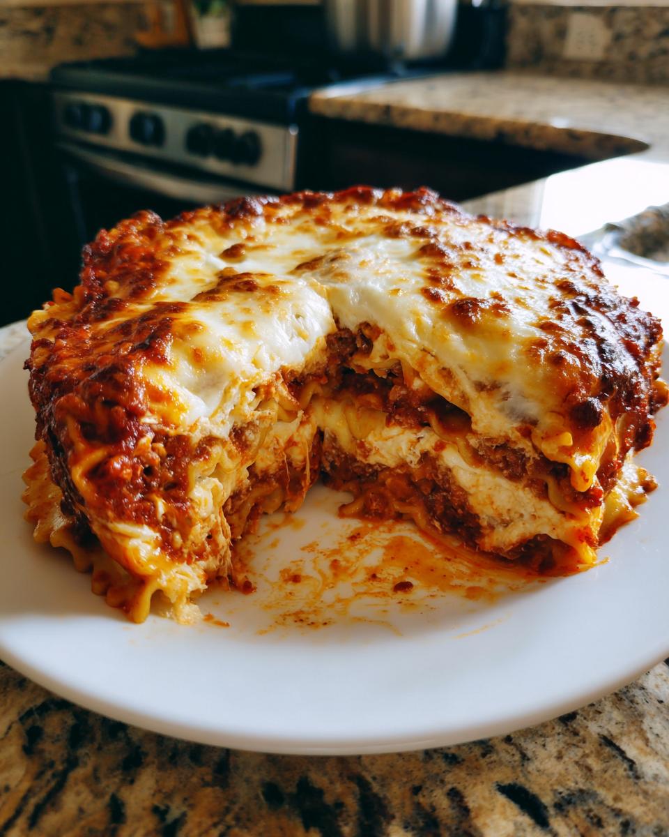A round portion of lazy lasagna removed from the pan, showing layers of pasta, meat sauce, and melted cheese.