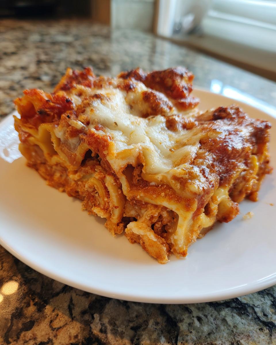 A generous slice of lazy lasagna, featuring layers of pasta, meat sauce, and melted, bubbly cheese, served on a white plate.