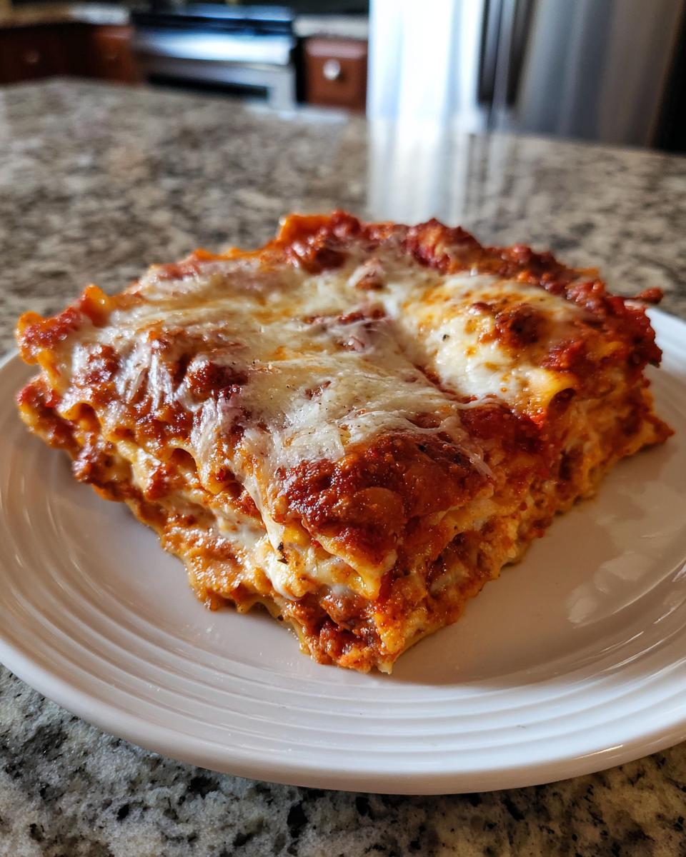 A thick, square serving of lazy lasagna layered with rich sauce and melted mozzarella cheese on a white plate.