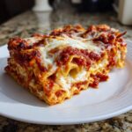 A generous slice of lazy lasagna featuring layers of pasta, ricotta, and melted mozzarella cheese topped with hearty tomato sauce.