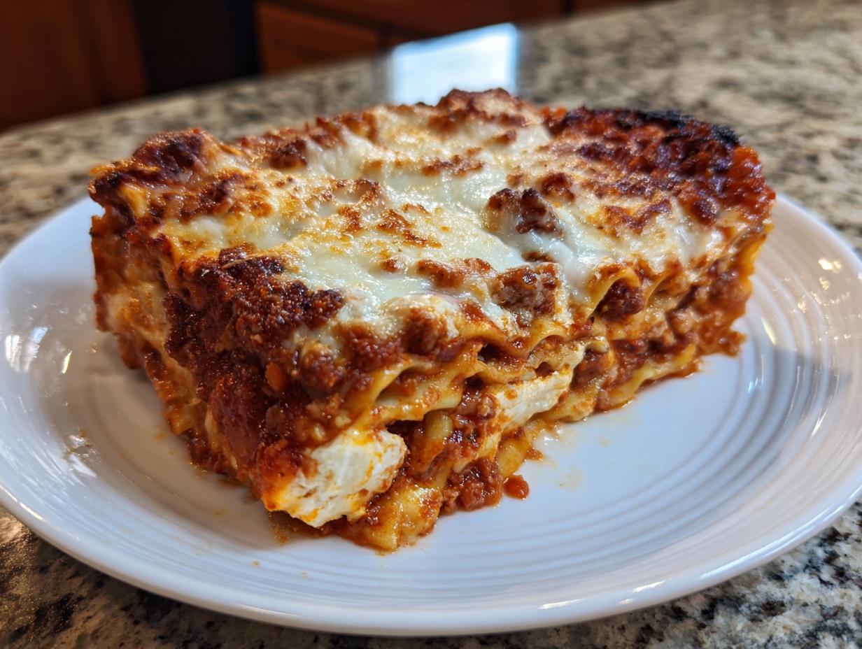 A generous slice of baked lazy lasagna featuring layers of pasta, meat sauce, and bubbly, melted white cheese on top.