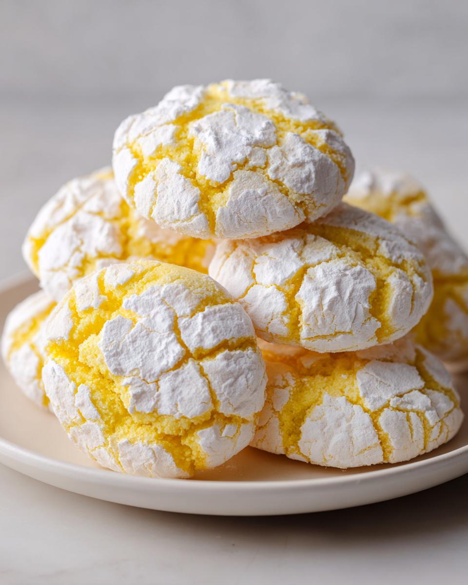 A close-up stack of bright yellow lemon crinkle cookies heavily dusted with white powdered sugar.