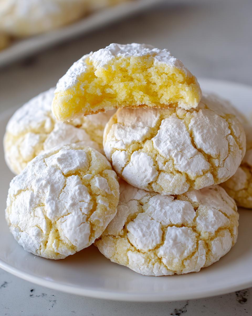 A stack of soft, bright yellow lemon crinkle cookies generously coated in white powdered sugar, with one cookie broken open.