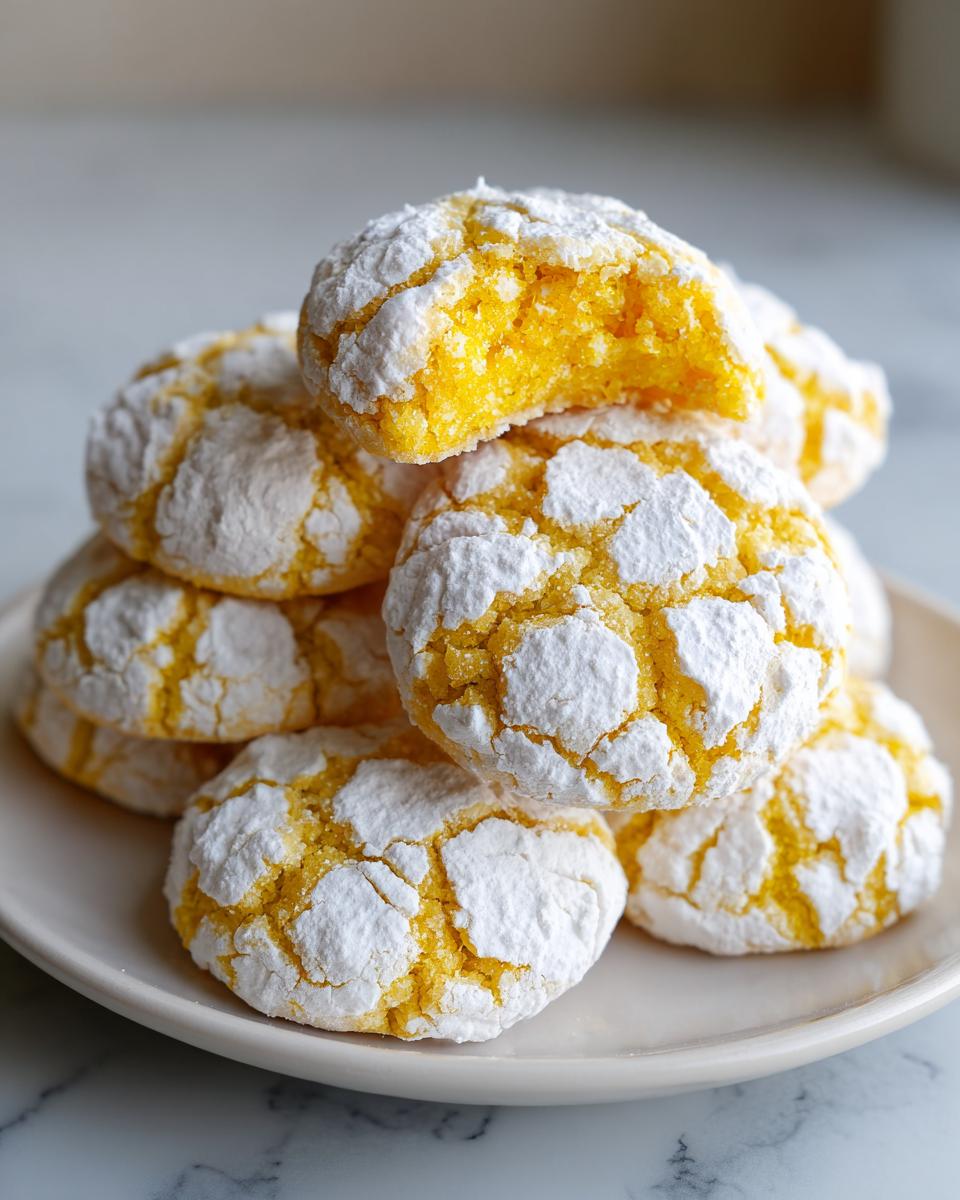 A stack of bright yellow lemon crinkle cookies generously coated in white powdered sugar, one cookie is broken open.