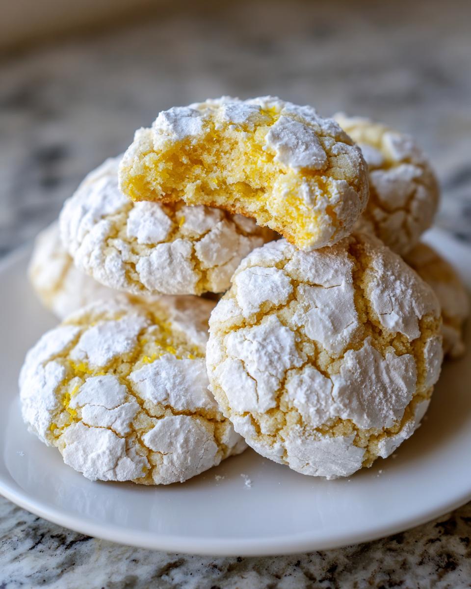 A stack of bright yellow lemon crinkle cookies generously coated in white powdered sugar, one cookie is broken open.