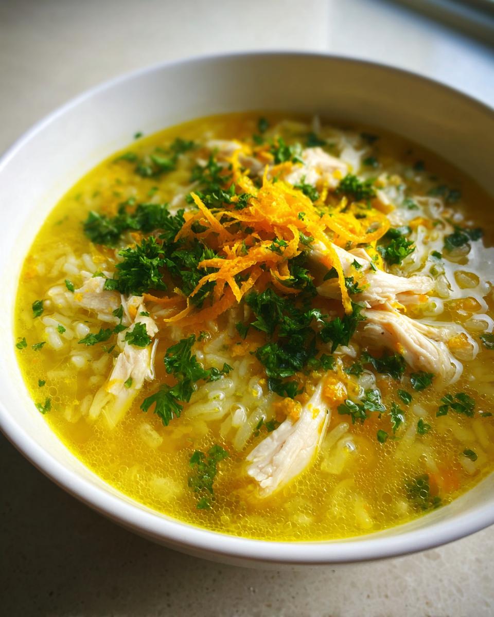 Close-up of a vibrant yellow bowl of Lemon Ginger Turmeric Chicken and Rice Soup, topped with shredded chicken, parsley, and lemon zest.