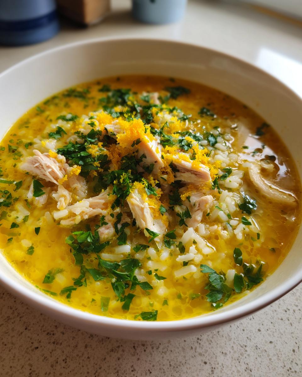 A close-up of a bowl of vibrant yellow Lemon Ginger Turmeric Chicken and Rice Soup topped with shredded chicken, parsley, and lemon zest.
