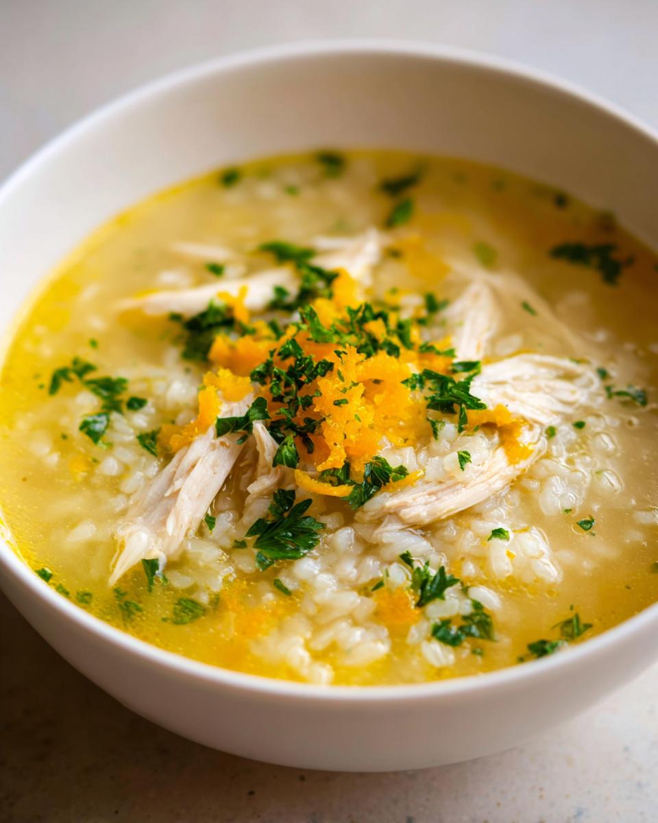 Close-up of Lemon Ginger Turmeric Chicken and Rice Soup, topped with shredded chicken, orange zest, and fresh parsley.