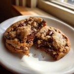 Close-up of a levain bakery chocolate chip cookie broken in half, showing gooey melted chocolate and nuts.