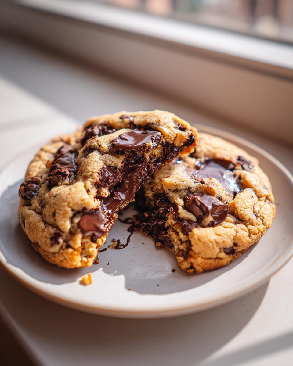 A close-up of a levain bakery chocolate chip cookie broken in half, showing gooey, melted chocolate.