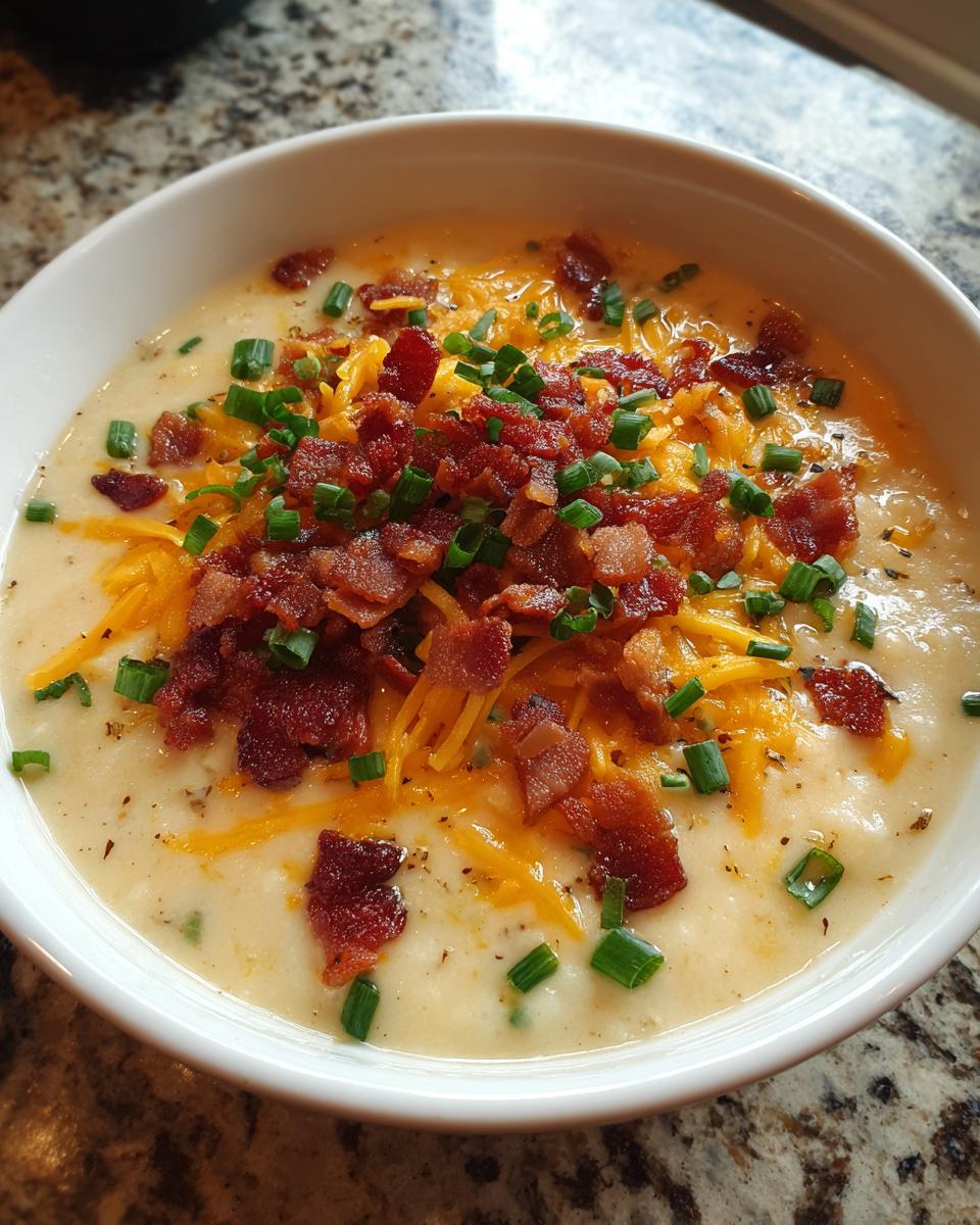 A close-up of a bowl of creamy easy crockpot potato soup topped with shredded cheddar cheese, bacon bits, and fresh chives.