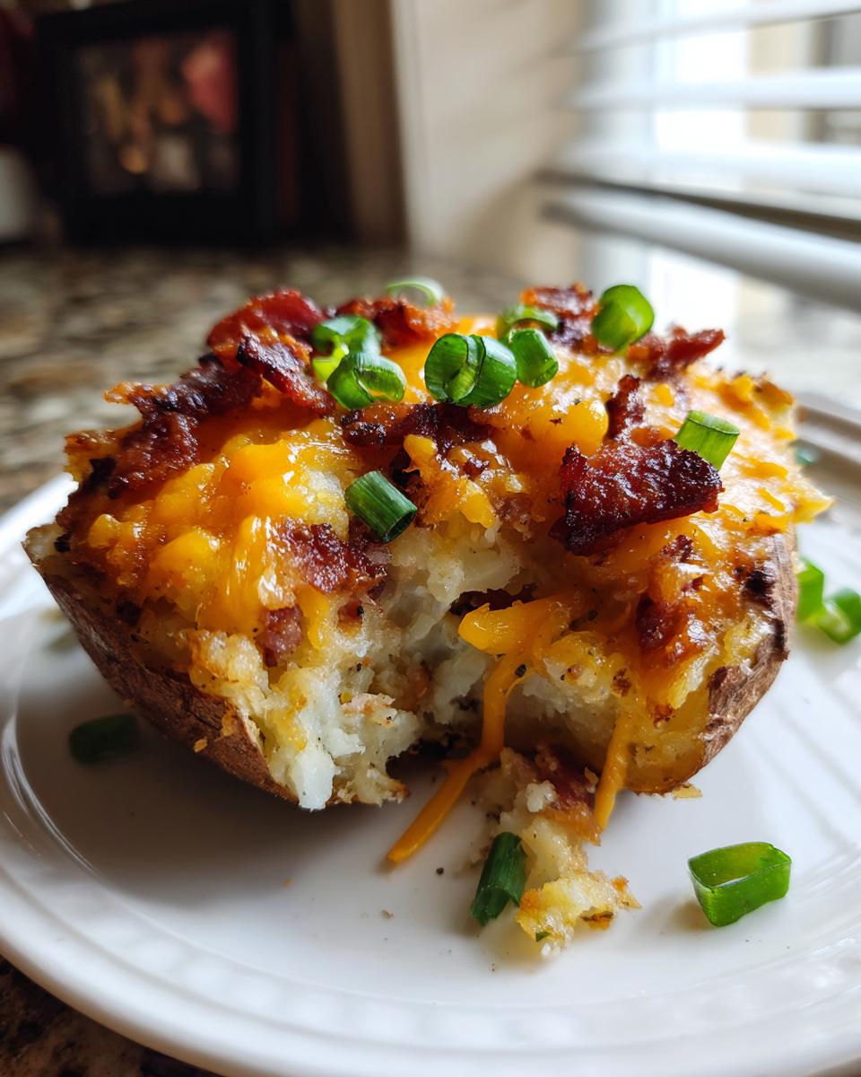 Close-up of a baked potato casserole scoop topped with melted cheddar cheese, bacon bits, and green onions.